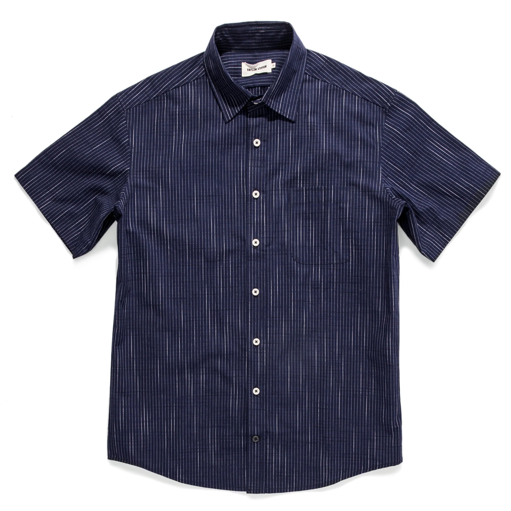 The Short Sleeve California in Navy Slub Stripe